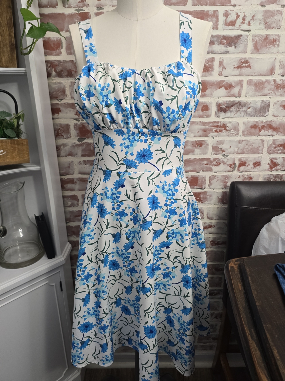 Blue Floral Midi Dress with Square Neck and Thick Straps